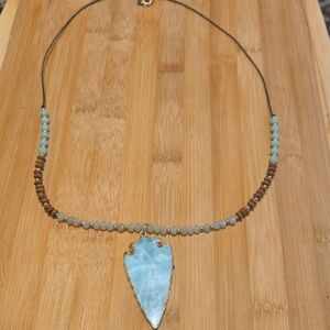 Blue and Brown Beaded Necklace with Arrowhead Shaped Pendant